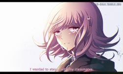 Rule 34 | 1girl, blush, criis-chan, crying, crying with eyes open, danganronpa (series), danganronpa 2: goodbye despair, english text, flipped hair, from side, hair ornament, hairclip, head, hood, hood down, hooded jacket, jacket, letterboxed, looking at viewer, nanami chiaki, parted lips, pink eyes, pink hair, portrait, sad, smile, solo, spoilers, subtitled, tears, teeth, tumblr username, watermark, web address