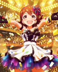Rule 34 | 10s, 1girl, :d, artist request, audience, black gloves, blush, bow, bracelet, brown eyes, brown hair, confetti, dress, earrings, formal, frilled dress, frills, gloves, hair ornament, hair ribbon, hairclip, idolmaster, idolmaster million live!, jewelry, kasuga mirai, lots of jewelry, official art, one side up, open mouth, outstretched arms, ribbon, skirt, smile, solo, spread arms, standing