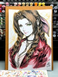 Rule 34 | 1girl, aerith gainsborough, art tools in frame, bow, brown hair, closed mouth, commentary, copic, cropped jacket, dress, english commentary, final fantasy, final fantasy vii, final fantasy vii remake, green eyes, hair bow, highres, jacket, jewelry, long dress, marker (medium), necklace, open clothes, open jacket, parted bangs, pink bow, pink dress, pink lips, portrait, red jacket, signature, smile, stanley lau, traditional media, tri drills