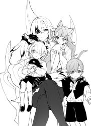 Rule 34 | 2boys, 2girls, :o, age difference, aged down, animal ears, arlecchino (genshin impact), blunt bangs, blush, bow, bowtie, capelet, cat ears, cat girl, cat tail, child, crossed legs, elbow rest, expressionless, feet out of frame, freminet (genshin impact), frilled sleeves, frills, genshin impact, greyscale, hair over one eye, height difference, kneehighs, long hair, looking at viewer, lynette (genshin impact), lyney (genshin impact), monochrome, multicolored hair, multiple boys, multiple girls, nikumiso, one eye covered, open mouth, pants, pers (genshin impact), shoes, short hair, shorts, simple background, sitting, sitting on lap, sitting on person, socks, streaked hair, swept bangs, symbol-shaped pupils, tail, two-tone hair, white background, x-shaped pupils