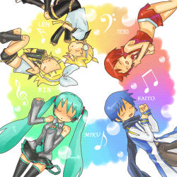 Rule 34 | 2boys, 3girls, circle formation, closed eyes, commentary request, drooling, english text, everyone, hatsune miku, kagamine len, kagamine rin, kaito (vocaloid), lowres, lying, meiko (vocaloid), multiple boys, multiple girls, musical note, on back, on side, open mouth, rainbow gradient, sakira, sleeping, vocaloid