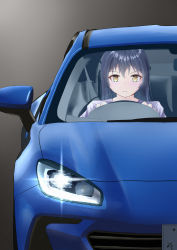 Rule 34 | 1girl, artist name, artist request, blue hair, blush, breasts, brown eyes, car, driving, female focus, grey background, hair between eyes, highres, long hair, looking at viewer, love live!, love live! school idol project, motor vehicle, parted lips, purple shirt, shirt, smile, solo, sonoda umi, upper body, vehicle interior, yellow eyes