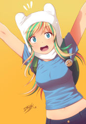 Rule 34 | 1girl, ^^^, adventure time, arms up, backpack, badge, bag, blonde hair, blue eyes, button badge, buttons, cartoon network, cosplay, finn, finn (cosplay), finn the human, finn the human (cosplay), genderswap, genderswap (mtf), green hair, headwear request, highres, idfer, jake, jake the dog, long hair, midriff, multicolored hair, navel, open mouth, original, simple background, solo, two-tone hair