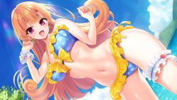 Rule 34 | 1girl, alena (dq4), bikini, blonde hair, blush, breasts, cleavage, cloud, day, dragon quest, dragon quest iv, earrings, ears, eyebrows hidden by hair, feet in water, female focus, floating hair, frilled bikini, frills, groin, hands up, happy, jewelry, large breasts, legs, light rays, long hair, looking at viewer, navel, open mouth, outdoors, pink eyes, sky, smile, solo, standing, swimsuit, thighs, water, youta