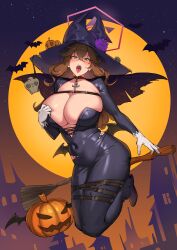 Rule 34 | 1girl, 9eep, absurdres, bat (animal), bat wings, belt, black dress, blush, breasts, broom, broom riding, brown hair, cape, cleavage, collar, cross, dress, flower, full body, full moon, green eyes, halloween, halloween costume, halo, hat, highres, jack-o&#039;-lantern, karuizawa mayumi, large breasts, leather strap, looking at viewer, moon, navel, night, night sky, open mouth, original, parody, purple flower, skull, sky, solo, star (sky), starry sky, tight clothes, tight dress, tongue, tongue out, wings, witch hat, yellow moon
