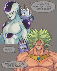 Rule 34 | absurdres, alien, bald, blue fur, bluey, broly (dragon ball z), clenched teeth, crossover, dog, dragon ball, dragonball z, english text, excuse me he asked for no pickles (meme), fabarts, frieza, grey background, highres, legendary super saiyan, meme, muscular, saiyan, scar, speech bubble, spiked hair, super saiyan, teeth, topless male, two-tone fur