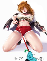 Rule 34 | 1girl, animal ears, arknights, artist name, black jacket, blush, breasts, breasts apart, candy, collar, commentary, covered erect nipples, crop top, cutoffs, english text, fangs, food, full body, fur-trimmed jacket, fur-trimmed shorts, fur trim, head tilt, highres, jacket, jacket on shoulders, large breasts, leash, lion ears, lollipop, long hair, long sleeves, looking at viewer, micro shorts, midriff, navel, one eye closed, open mouth, orange eyes, orange hair, potetos7, pov, pov hands, red shorts, shorts, siege (arknights), signature, simple background, solo focus, spiked collar, spikes, struggling, symbol-only commentary, tank top, v-shaped eyebrows, viewer holding leash, white background