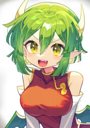 Rule 34 | 1girl, absurdres, breasts, china dress, chinese clothes, covered collarbone, draco centauros, dragon girl, dragon horns, dragon wings, dress, elbow gloves, fang, gloves, green hair, highres, horns, large breasts, looking at viewer, offbeat, pointy ears, puyopuyo, red dress, short hair, simple background, sleeveless, sleeveless dress, solo, teeth, upper body, upper teeth only, white background, white gloves, wings, yellow eyes