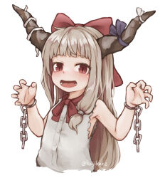 Rule 34 | 1girl, blue ribbon, bow, buttons, chain, cuffs, hair bow, horn ornament, horn ribbon, horns, ibuki suika, kagikake, long hair, oni horns, open mouth, orange hair, red bow, red eyes, ribbon, shirt, simple background, smile, solo, torn clothes, torn sleeves, touhou, twitter username, upper body, white background, white shirt