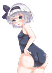 Rule 34 | 1girl, absurdres, adapted costume, adjusting clothes, adjusting swimsuit, blue eyes, highres, konpaku youmu, looking back, one-piece swimsuit, otowa (otoha4634), school swimsuit, silver hair, simple background, solo, swimsuit, touhou, wet, white background
