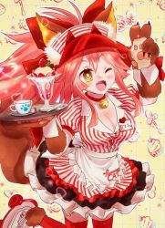 Rule 34 | 1girl, animal ear fluff, animal ears, animal hands, apron, bell, blush stickers, breasts, cat paws, cleavage, collar, collarbone, dress, fangs, fate/grand order, fate (series), food, fox ears, fox girl, fox tail, gloves, hair ribbon, ice, jingle bell, large breasts, long hair, looking at viewer, lostroom outfit (fate), nanashi (toku meiko), neck bell, official alternate costume, one eye closed, open mouth, paw gloves, pink hair, ponytail, red ribbon, ribbon, solo, striped clothes, striped dress, tail, tamamo (fate), tamamo cat (fate), v, visor cap, white apron, yellow eyes