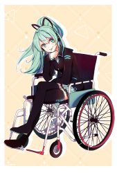 Rule 34 | 1girl, :p, aqua eyes, aqua hair, aqua skirt, arm support, black shirt, black thighhighs, boots, commentary, english commentary, full body, hatsune miku, hatsune miku (if), head rest, highres, leaning forward, long hair, looking at viewer, miniskirt, mixed-language commentary, pleated skirt, ponytail, shirt, sitting, skindentation, skirt, solo, thigh boots, thighhighs, tongue, tongue out, vocaloid, wheelchair, yellow background, yen-mi, zettai ryouiki