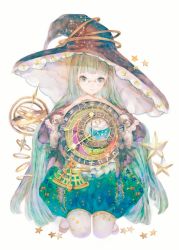Rule 34 | 1girl, aqua eyes, aqua hair, aqua shorts, armillary sphere, astrolabe, bad id, bad pixiv id, blunt bangs, constellation print, expressionless, floating, floating object, floral print, glasses, hat, kneeling, long hair, long sleeves, looking at viewer, original, own hands together, pantyhose, print headwear, print shorts, puffy shorts, sextant, shorts, skeleton, solo, star (symbol), very long hair, white background, white pantyhose, witch, witch hat, yogisya