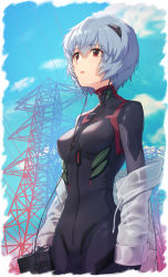 Rule 34 | ayanami rei, black bodysuit, blue hair, blue sky, bodysuit, breasts, cloud, collarbone, cowboy shot, day, drawstring, earphones, hair between eyes, hair ornament, highres, holding, interface headset, long sleeves, looking afar, looking away, makamati, medium breasts, neon genesis evangelion, open clothes, open mouth, outdoors, plugsuit, power lines, red eyes, resolution mismatch, see-through, short hair, skin tight, sky, solo, sony, source smaller, transmission tower