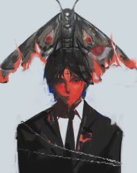 Rule 34 | 1boy, black eyes, black hair, black necktie, black suit, bug, chain, chrollo lucilfer, cross tattoo, facial mark, facial tattoo, forehead mark, forehead tattoo, formal, highres, hunter x hunter, insect, looking at viewer, male focus, moth, necktie, shirt, short hair, shouka (ly880217), simple background, solo, suit, tattoo, white background, white shirt