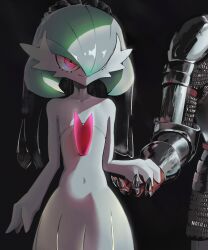 1girl 1other armor artist_name bare_shoulders black_background bob_cut bridal_veil bride chainmail closed_mouth collarbone colored_skin covered_navel cowboy_shot creatures_(company) dress female_focus flat_chest full_armor game_freak gardevoir gauntlets gen_3_pokemon gloves green_hair grey_gloves hair_over_one_eye hand_up happy holding_hands looking_at_another looking_to_the_side mega_gardevoir mega_pokemon nintendo no_gloves noconcession one_eye_covered pokemon pokemon_(creature) short_hair shoulder_armor signature simple_background smile solo_focus split_mouth standing strapless strapless_dress veil wedding white_dress white_skin