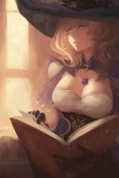 Rule 34 | 1girl, 2b1r, absurdres, artist name, book, breasts, brown hair, cleavage, eyes visible through hair, genshin impact, gloves, green eyes, highres, jewelry, large breasts, lisa (genshin impact), necklace, patreon, patreon username, solo, sunlight, turning page, vision (genshin impact), window