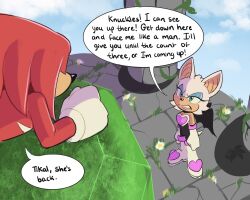 Rule 34 | 1boy, 1girl, animal ears, artist logo, bat ears, bat wings, blue eyeshadow, breaking bad, clenched hands, eyeshadow, furry, furry female, furry male, gloves, highres, knuckles the echidna, looking at another, makeup, master emerald, pillar, qkora01, rouge the bat, scene reference, sonic (series), standing, teeth, white gloves, wings