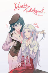 2girls ? absurdres alternate_costume artist_name blue_eyes breasts byleth_(female)_(fire_emblem) byleth_(fire_emblem) character_name cleavage closed_mouth collarbone collared_shirt commentary_request couple dress edelgard_von_hresvelg fire_emblem fire_emblem:_three_houses frilled_dress frills green_hair hair_down hand_up hat highres holding holding_another&#039;s_hair holding_scissors large_breasts leaning_forward long_hair long_sleeves looking_at_another looking_down looking_to_the_side looking_up mo_(ine_mao) multiple_girls nintendo parted_bangs parted_lips pink_lips purple_eyes red_lips scissors shade shirt sitting skirt standing sweatdrop thick_thighs thighs wavy_hair white_hair