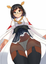Rule 34 | 10s, 1girl, anti (0324), black hair, blue eyes, boots, brown thighhighs, crotch seam, foreshortening, from below, glasses, headgear, highres, kantai collection, kirishima (kancolle), looking at viewer, looking down, panties, panties under pantyhose, pantyhose, pantyshot, parted lips, semi-rimless eyewear, short hair, simple background, skirt, solo, thigh boots, thighhighs, thighs, under-rim eyewear, underwear, upskirt, white background, white panties