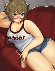 Rule 34 | 1girl, blush, brown eyes, brown hair, can, cigarette, commentary, couch, denim, denim shorts, english commentary, glasses, hand on own head, highres, holding, holding can, holding cigarette, lying, on side, original, plump, red-framed eyewear, sauvievie0, short hair, short shorts, shorts, smoke, solo, tank top, thick eyebrows, thick thighs, thighs