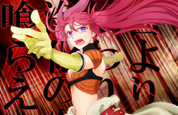 Rule 34 | 1girl, belt, bow (weapon), breasts, choker, cleavage, elbow gloves, gloves, long hair, midriff, nanaly fletch, navel, open mouth, purple eyes, red hair, tales of (series), tales of destiny 2, twintails, weapon