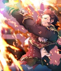 Rule 34 | 1boy, belt, blue eyes, brown hair, cannon, commentary request, facial hair, fate/grand order, fate (series), fire, firing, goatee, grin, long sideburns, male focus, medal, napoleon bonaparte (fate), sideburns, smile, solo, sparks, torn clothes, tsuezu