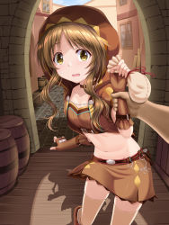 Rule 34 | 1girl, belt, brown gloves, brown hair, choker, commentary, crop top, fingerless gloves, gloves, hat, highres, holding another&#039;s wrist, idolmaster, idolmaster cinderella girls, keyring, looking at viewer, midriff, navel, open mouth, skirt, solo focus, sweatdrop, takamori aiko, thighhighs, u2 (5798239), yellow eyes
