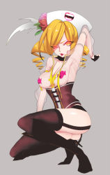 Rule 34 | 10s, 1girl, armpits, bad id, bad pixiv id, blonde hair, chample, chample (artist), charlotte (madoka magica), corruption, drill hair, fingerless gloves, fusion, gloves, hair ornament, hat, lips, magical girl, mahou shoujo madoka magica, mahou shoujo madoka magica (anime), pasties, pussy juice, thighhighs, tomoe mami