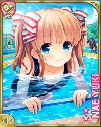 Rule 34 | 4girls, artist request, blue eyes, brown hair, character name, girlfriend (kari), long hair, multiple girls, official art, one-piece swimsuit, partially submerged, pool, ribbon, school swimsuit, smile, solo focus, swimming, swimsuit, twintails, water, yuuki nae