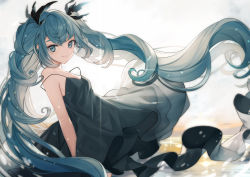 Rule 34 | 1girl, absurdres, aqua eyes, aqua hair, bare arms, bare shoulders, black dress, breasts, cowboy shot, curly hair, day, dress, floating hair, from side, hair ribbon, hatsune miku, highres, long hair, looking at viewer, medium breasts, ocean, outdoors, ribbon, shinkai shoujo (vocaloid), short dress, sidelocks, sky, sleeveless, small breasts, smile, solo, spinel cranweiss (artist), strap slip, twintails, very long hair, vocaloid