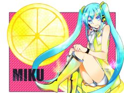 Rule 34 | 1girl, aqua eyes, aqua hair, bad id, bad pixiv id, boots, character name, clow, food, fruit, hatsune miku, headphones, headset, knee boots, lemon, long hair, project diva (series), project diva 2nd, sitting, smile, solo, twintails, very long hair, vocaloid, yellow (vocaloid)