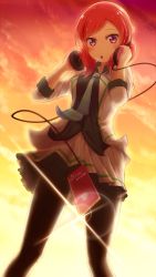 Rule 34 | 1girl, 2016, absurdres, adjusting headphones, amano loto, backlighting, black pantyhose, brand name imitation, cable, cosplay, dated, digital media player, hand on headphones, happy birthday, headphones, headphones around neck, highres, ipod, lens flare, looking at viewer, love live!, love live! school idol project, minase koito, minase koito (cosplay), musaigen no phantom world, necktie, nishikino maki, open mouth, orange sky, outdoors, pantyhose, purple eyes, red hair, sky, solo, sunset