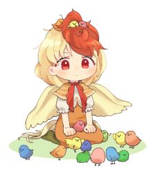 Rule 34 | 1girl, animal, animal on head, animal on lap, arm support, bad id, bad twitter id, bird, bird on head, blonde hair, blush, capelet, chibi, chick, chicken, closed mouth, colorful, dress, full body, green legwear, hands on lap, multicolored hair, niwatari kutaka, on head, on lap, orange dress, puffy short sleeves, puffy sleeves, red eyes, red hair, red neckwear, sasa kichi, short hair, short sleeves, simple background, sitting, solo, tail, touhou, two-tone hair, wariza, white background, wings