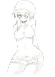 Rule 34 | 1girl, arms behind back, blunt bangs, blush, breasts, cabbie hat, choker, closed mouth, collarbone, covered navel, cowboy shot, dress, female focus, garter straps, greyscale, hat, highres, jpeg artifacts, large breasts, long sleeves, looking to the side, monochrome, original, simple background, sketch, skindentation, solo, standing, thighhighs, traditional media, umagoya mochi, white background, wide hips