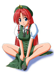 Rule 34 | 1girl, bad id, bad pixiv id, blue eyes, braid, breasts, china dress, chinese clothes, dress, female focus, full body, hat, highres, hong meiling, long hair, red hair, shino-puchihebi, sitting, smile, solo, embodiment of scarlet devil, touhou, twin braids, v arms, white background