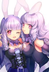 Rule 34 | 10s, 2girls, :p, animal ears, blush, breasts, chuchu (show by rock!!), cleavage, curly hair, heart, heart-shaped pupils, highres, large breasts, long hair, looking at viewer, momoshiki tsubaki, multiple girls, one eye closed, purple hair, rabbit ears, revision, show by rock!!, simple background, smile, symbol-shaped pupils, tongue, tongue out