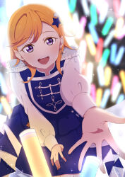Rule 34 | 1girl, absurdres, commentary request, dress, earrings, epaulettes, glowstick, hair ornament, highres, jewelry, kayano (hakuno), leaning forward, long sleeves, looking at viewer, love live!, love live! superstar!!, medium hair, open mouth, orange hair, penlight (glowstick), purple dress, reaching, reaching towards viewer, shibuya kanon, sing! shine! smile!, solo, star (symbol), star hair ornament, teeth, upper body, upper teeth only, white sleeves