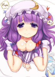 Rule 34 | 1girl, areola slip, bad id, bad nijie id, blush, bow, breasts, crescent, downblouse, hat, highres, large breasts, long hair, looking up, milk, patchouli knowledge, purple eyes, purple hair, ribbon, sexually suggestive, sitting, solo, sorano (12gou), suggestive fluid, touhou, wariza
