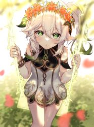 Rule 34 | 1girl, :o, atychi, blurry, blush, bracelet, cross-shaped pupils, depth of field, detached sleeves, dress, flower, from above, genshin impact, gold trim, gradient hair, green eyes, green hair, green sleeves, hair between eyes, hair flower, hair ornament, head wreath, highres, jewelry, leaf hair ornament, long hair, looking at viewer, looking up, multicolored hair, nahida (genshin impact), open mouth, pointy ears, side ponytail, sidelocks, sitting, sleeveless, sleeveless dress, solo, swing, symbol-shaped pupils, white dress, white hair