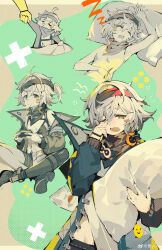 1girl absurdres ahoge armpits bandana boots brown_eyes chinese_commentary chips_(food) closed_eyes commentary_request fang food food_in_mouth g11_(girls&#039;_frontline) girls&#039;_frontline girls&#039;_frontline_2:_exilium green_jacket grey_hair highres holding holding_pillow indian_style jacket multiple_views one_eye_closed open_clothes open_jacket pillow red_bandana short_hair sitting skin_fang sleeping watermark weibo_watermark yu-x zzz