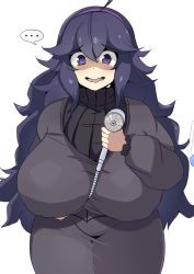 Rule 34 | ..., 1girl, @ @, ahoge, alternate breast size, arm under breasts, black sweater, breasts, covered erect nipples, cowboy shot, creatures (company), curvy, cuteakita, dress, furrowed brow, game freak, hairband, hex maniac (pokemon), highres, holding, holding shower head, huge breasts, impossible clothes, long sleeves, looking at viewer, messy hair, nervous, nervous smile, nintendo, pink hairband, pokemon, pokemon xy, purple dress, purple eyes, purple hair, shower head, smile, solo, sweater, tears, thick thighs, thighs, wavy mouth, wide hips