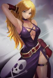 Rule 34 | 1girl, arm behind head, arm up, armpits, belt, blonde hair, blue eyes, breasts, choker, cleavage, dress, earrings, fingerless gloves, gloves, gold bracelet, highres, jenet behrn, jewelry, jolly roger, large breasts, long hair, looking at viewer, purple dress, smile, snk, the king of fighters, the king of fighters xv, thigh strap