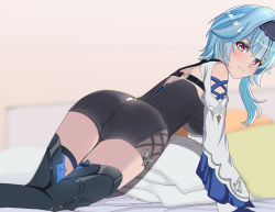 Rule 34 | 1girl, all fours, annoyed, aruman, ass, bare shoulders, bed, blue hair, blush, breasts, cameltoe, eula (genshin impact), from behind, genshin impact, gloves, hairband, leotard, long hair, looking at viewer, red eyes, short shorts, shorts, sideboob, solo, thighhighs