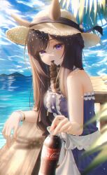 Rule 34 | 1girl, animal ears, bare arms, bare shoulders, blue dress, blue sky, blush, bottle, bow, bracelet, breasts, brown hair, closed mouth, cloud, cloudy sky, coca-cola, collarbone, commentary request, cowboy shot, criss-cross halter, dress, halterneck, hat, highres, holding, holding bottle, horse ears, horse girl, jewelry, lens flare, long hair, looking at viewer, medium breasts, mejiro dober (umamusume), mejiro dober (vacation safir) (umamusume), mouth hold, ocean, outdoors, purple eyes, rang c, sky, sleeveless, sleeveless dress, solo, straw hat, sun hat, umamusume, water, white bow