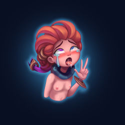 Rule 34 | 1girl, ahegao, bracelet, braid, casemon, crying, crying with eyes open, flat chest, gradient hair, heart, heart-shaped pupils, heterochromia, highres, jewelry, league of legends, multicolored hair, nipples, rolling eyes, suggestive fluid, symbol-shaped pupils, tears, tongue, tongue out, w, zoe (league of legends)