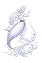 Rule 34 | 1boy, absurdres, albino, androgynous, bare shoulders, blue eyes, clothing cutout, colored eyelashes, colored skin, fins, full body, hand on own chest, hands up, highres, kinerv, liquid, long hair, long sleeves, looking to the side, low-tied long hair, male focus, merman, monster boy, open mouth, original, puffy long sleeves, puffy sleeves, shoulder cutout, simple background, solo, very long hair, water, white background, white hair, white skin