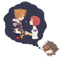 Rule 34 | 1boy, 1girl, breasts, brown hair, commentary request, hood, hoodie, jewelry, jyaco7777, kairi (kingdom hearts), kingdom hearts, kingdom hearts i, kingdom hearts ii, necklace, red hair, short hair, sora (kingdom hearts), thought bubble