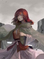 Rule 34 | 1girl, akatsuki no yona, arm up, ashes, bad id, bad twitter id, belt, cape, cliff, cloud, cloudy sky, commentary request, dress, dust, earrings, floating clothes, hair between eyes, highres, hood, hooded cape, jewelry, korean commentary, long dress, long sleeves, looking to the side, medium hair, pink belt, pink dress, purple sash, red hair, red vest, sash, sky, solo, tassel, tassel earrings, vest, yona (akatsuki no yona), yona hyeon