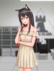 Rule 34 | 1girl, :d, absurdres, alternate costume, animal ear fluff, animal ears, arknights, bad id, bad pixiv id, bare shoulders, beige dress, black hair, blurry, blurry background, blush, breasts, brown eyes, brown hair, collarbone, commentary, cowboy shot, dress, food, hair between eyes, hand up, highres, holding, holding food, indoors, long hair, looking at viewer, medium breasts, multicolored hair, off-shoulder dress, off shoulder, open mouth, pocky, short dress, sidelocks, smile, solo, standing, texas (arknights), wolf ears, yuyuyu (pixiv19949705)